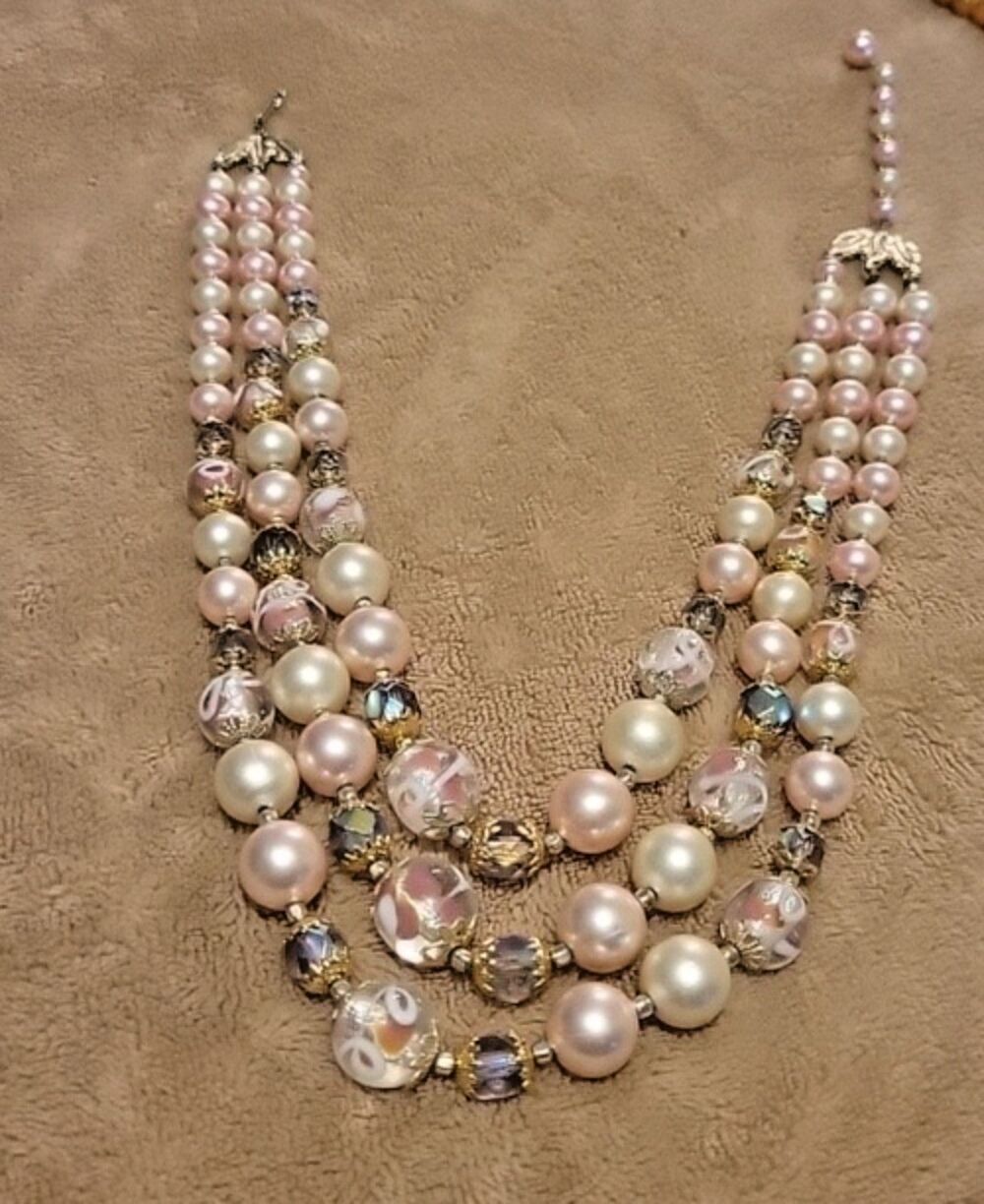 Vintage Japan Pink Art Glass Bead Necklace 3-Strand Floral Clasp 1950s MCM